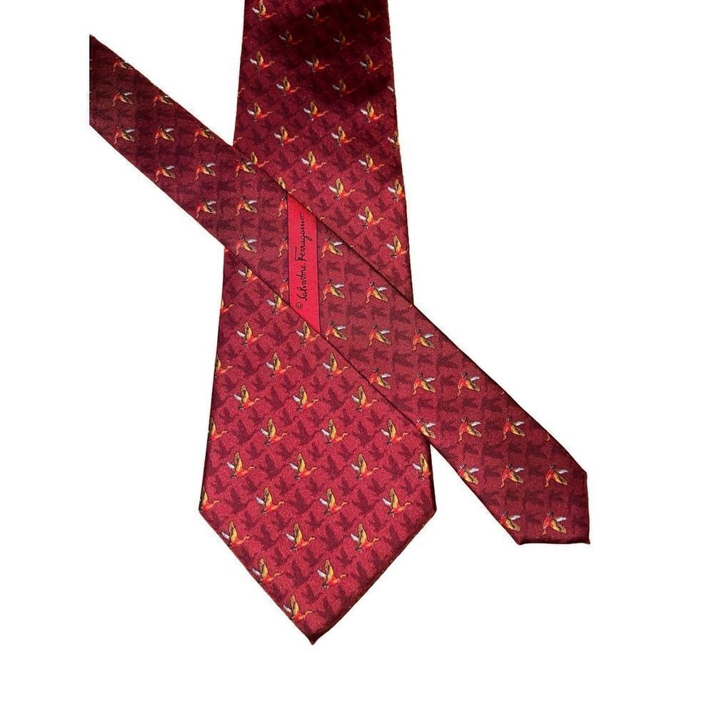 Salvatore Ferragamo Red Pheasant Print Handmade Neck Tie